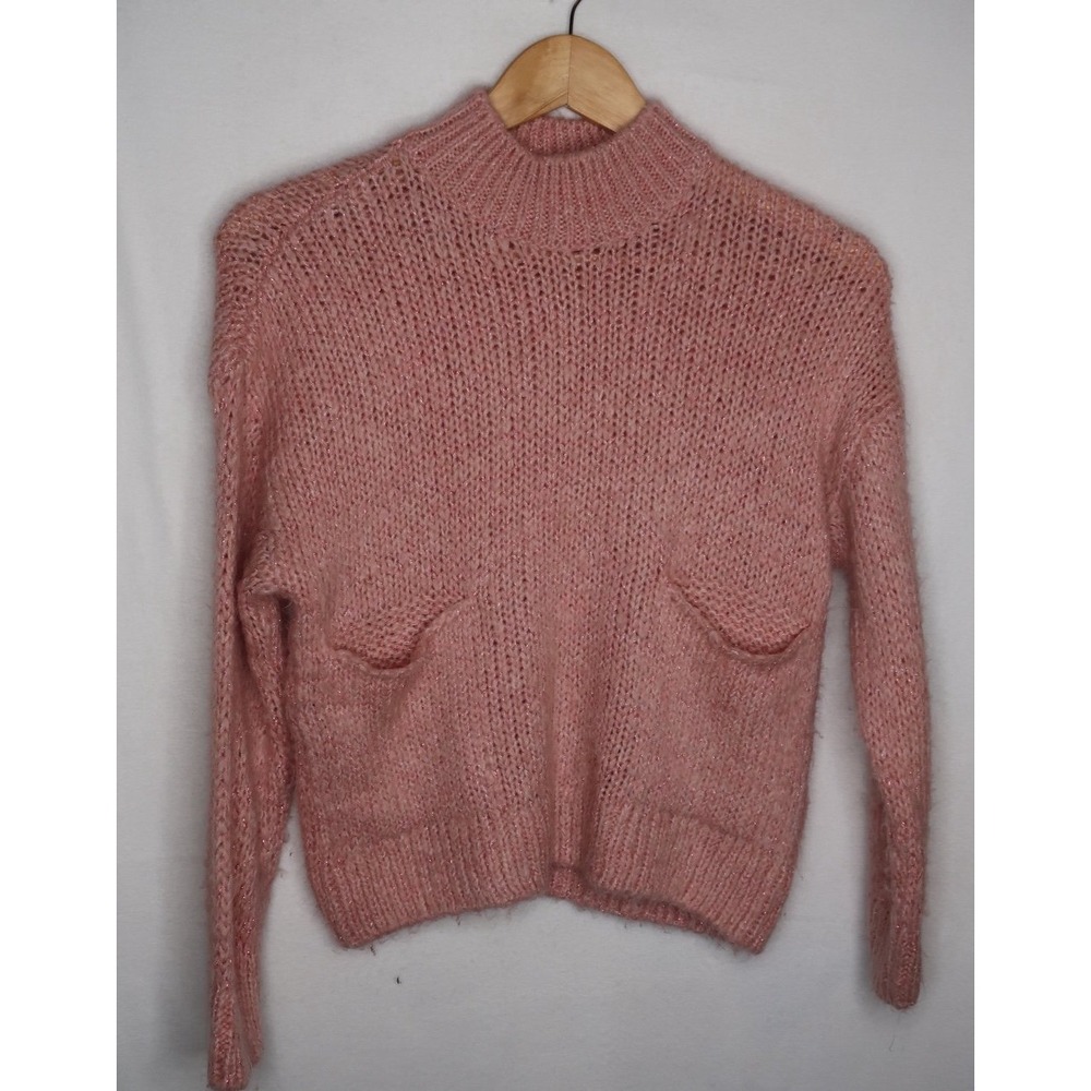 Zara Kids Pink Metallic Knit Mock Neck Sweater Pockets Girls Size 9-10 140 Cozy
